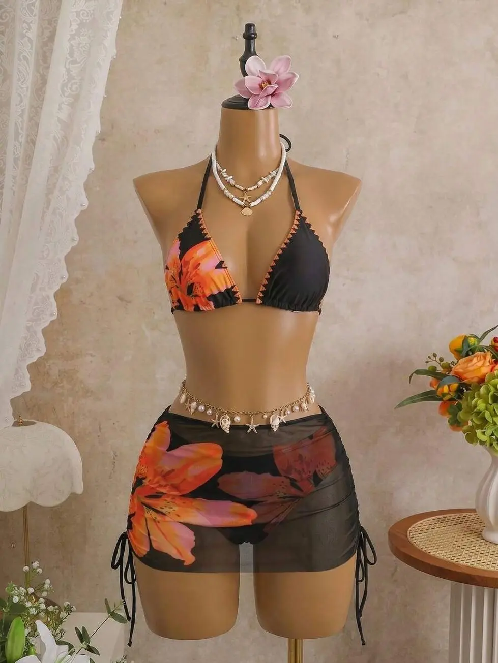 Women's 3-Piece Floral Triangle Bikini Set with Sheer Mesh Cover Up Skirt, Sexy Halter Tie Swimsuit for Beach Vacation & Pool Party