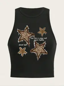 Women's Summer Casual Round Neck Tight Vest Top, Leopard Star Letter Print, Animal Pattern, Loose-Fitting Design, Casual Tank Top