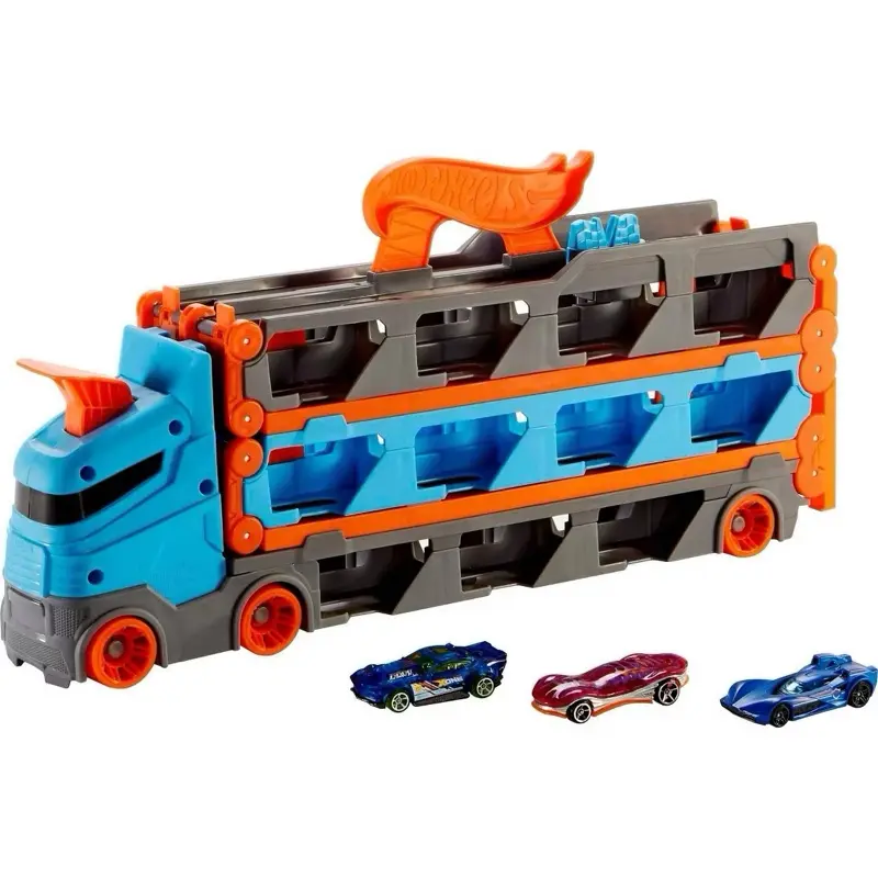 Hot Wheels Speedway Hauler Storage Carrier with 3 1:64 Scale Cars & 6-Foot Drag Race Track for Kids 4-8 Years Old HGH33