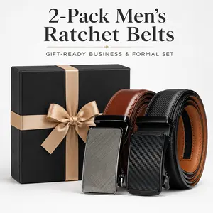 Men's Leather Ratchet Belts (2-Pack) with Adjustable Automatic Alloy Buckle, Classic Style for Business & Formal Occasions, Male