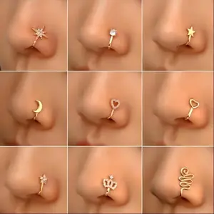 9pcs Nose Ring Jewelry Shape Nose Ring  Copper Non Piercing Nose Rings, U Shape Star Love Crown Nose Clip with Zirconia shape nose nose ring nose ring Punk Rhinestone Clip-On Gold gold  nose protection bracelet cross  septum Stainless Steel Charm