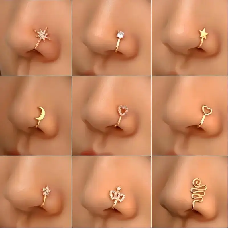 9pcs Nose Ring Jewelry Shape Nose Ring Copper Non Piercing Nose Rings, U Shape Star Love Crown Nose Clip with Zirconia shape nose nose ring nose ring