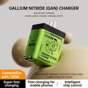 120W Compatible | GaN Wall Charger | Retractable Type-C Cable + Foldable Plug | 3X Faster Charging for Travel/Home | Tech Gift for Gadget Lovers Portable Rechargeable Smartphone charger