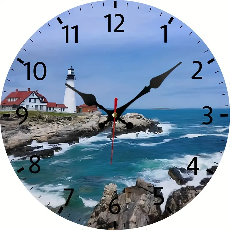 A Round Beach Pattern Clock, Battery Powered, Silent And Non-Ticking Decorative Wall Clock Suitable for Home Bedroom, Living Room, Kitchen, And Bathroom