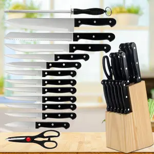 15PCS Kitchen Knife Set with Block, High Carbon Stainless Steel Knife Set with Built-in Sharpener, Black Knife Set with Steak Knives, Scissors & Sharpening Rod#Summervibes