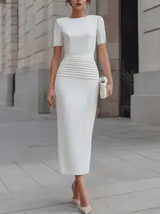 Women Elegant White Round Neck Short Sleeve Midi Dress High Waist Horizontal Pleated Waist Bodycon Pencil Dress Slim Fit Figure Hugging Office Business Formal Party Cocktail Guest Dresses Back Zipper Mid Calf Work Dress Workwear Womenswear Evening