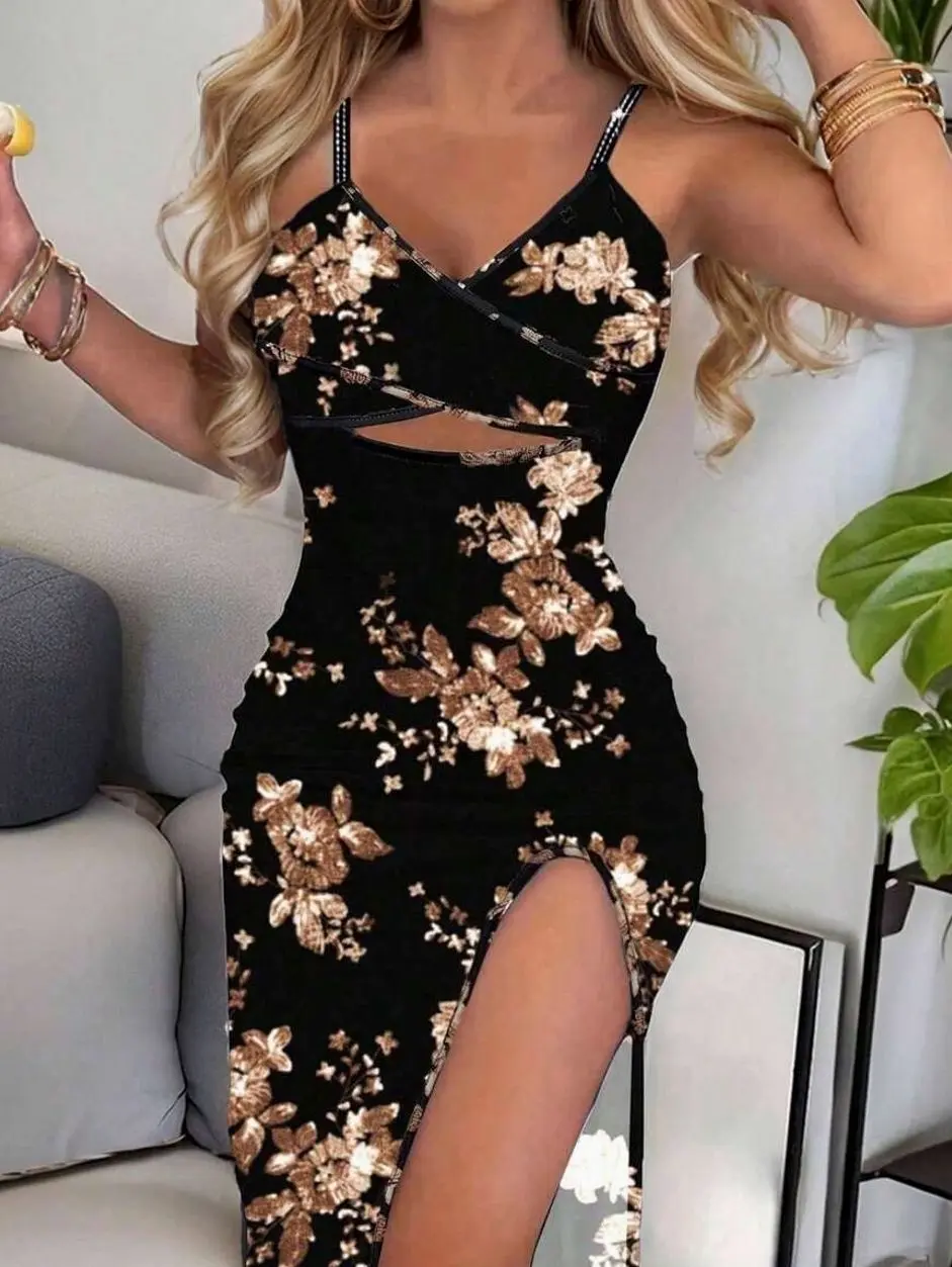 Printed Asymmetrical Hem High Side Split Spaghetti Strap Cross Back Bodycon Dress For Spring Summer Maxi Women Outfit Sleeveless Floral Plants All Over Print Sexy Glamorous Casual Fabric