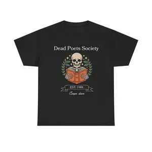 Dead Poets Society Skull Reading Book T-Shirt | Vintage Literary Design