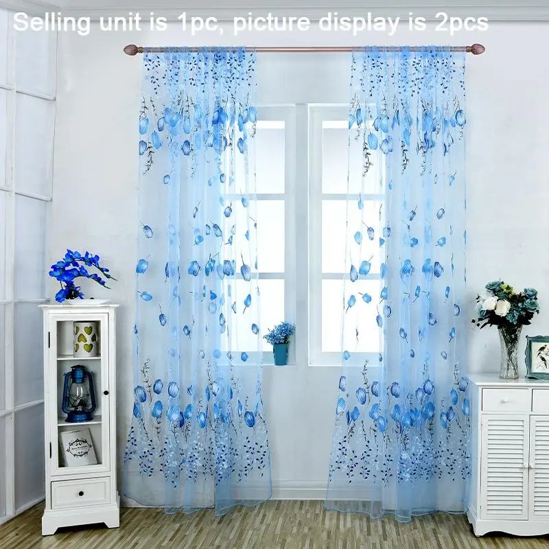 Tulip Pattern Muslin Curtain, Pastoral Style Breathable Window Curtain, Window Drapes for Living Room Bedroom Kitchen Home Decor
