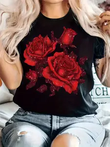 Plus Size Women'S Casual T-Shirt with Vibrant Red Rose Print - Round Neck, Short Sleeve, Slightly Stretch Knit Fabric, Regular Fit, Comfortable All-Season Top for Casual Attire, Ladies T Shirts