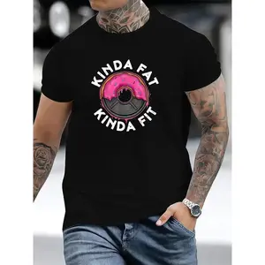 Men's Kinda Fat Kinda Fit T-Shirt, Casual Shortsleeve Round Neck Cotton Tee with Funny Doughnut Graphic for Gym and Fitness
