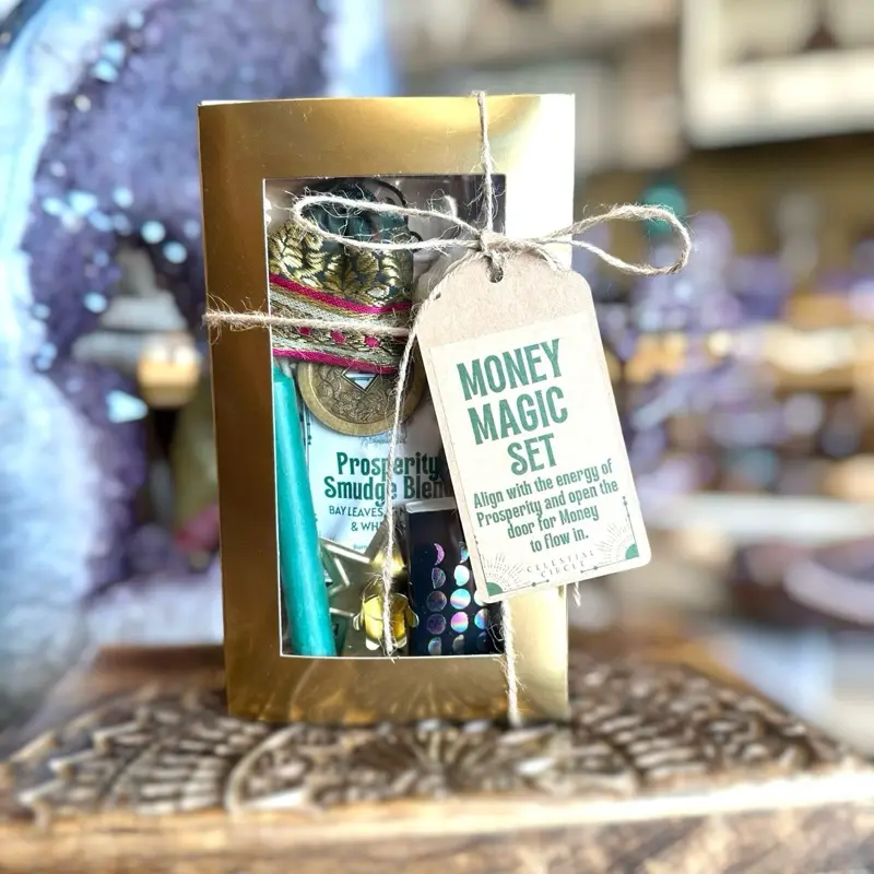 Money Magic Set with Celestial Circle Feng Shui Money Bowl Manifesting Ritual Set Crystals Incense Candles I Ching for Prosperity