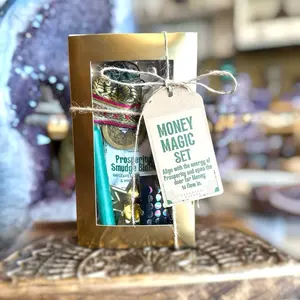 Money Magic Set with Celestial Circle Feng Shui Money Bowl Manifesting Ritual Set Crystals Incense Candles I Ching for Prosperity