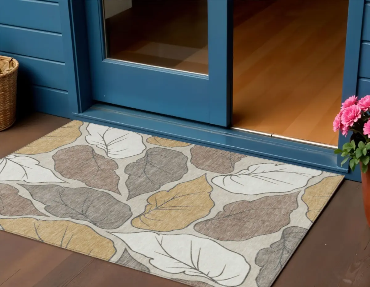 HomeRoots 660865 3 x 5 ft. Linen Ivory & Brown Botanical Leaves Washable Transitional Indoor & Outdoor Rectangle Area Rug