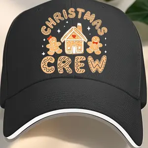 Men's Christmas Crew Baseball Cap with Gingerbread House & Figures Design - Black with Orange Accents, Sandwich-Style Brim, Casual Holiday Gift for Men, Festive Headwear, Durable Headwear#SandwichBrimBaseballCap #TwoToneBrimHat#TikTokMadeMeBuyIt#SandwichB