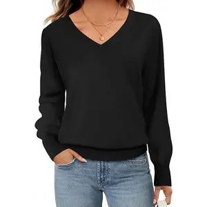 MEROKEETY Women’s V-Neck Knit Pullover – Lightweight Long Sleeve Sweater Top for Fall, Casual Everyday Wear or Office Layering