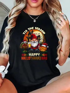 100% Cotton Unisex Happy Hallothanksmas Halloween Thanksgiving Merry Christmas T-Shirt，Autumn Women's T-shirt Christmas Happy Letter Snowflake Fun Pattern