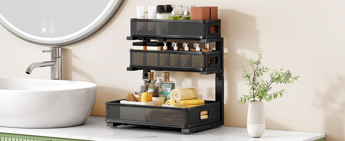 Kitstorack Under Sink Organizer, 2-Pack 3-Tier Height Adjustable Thickened Metal Pull out Cabinet Organizer Shelf, Slide out Storage Drawer Rack for Bathroom Kitchen Pantry Home Laundry Organization