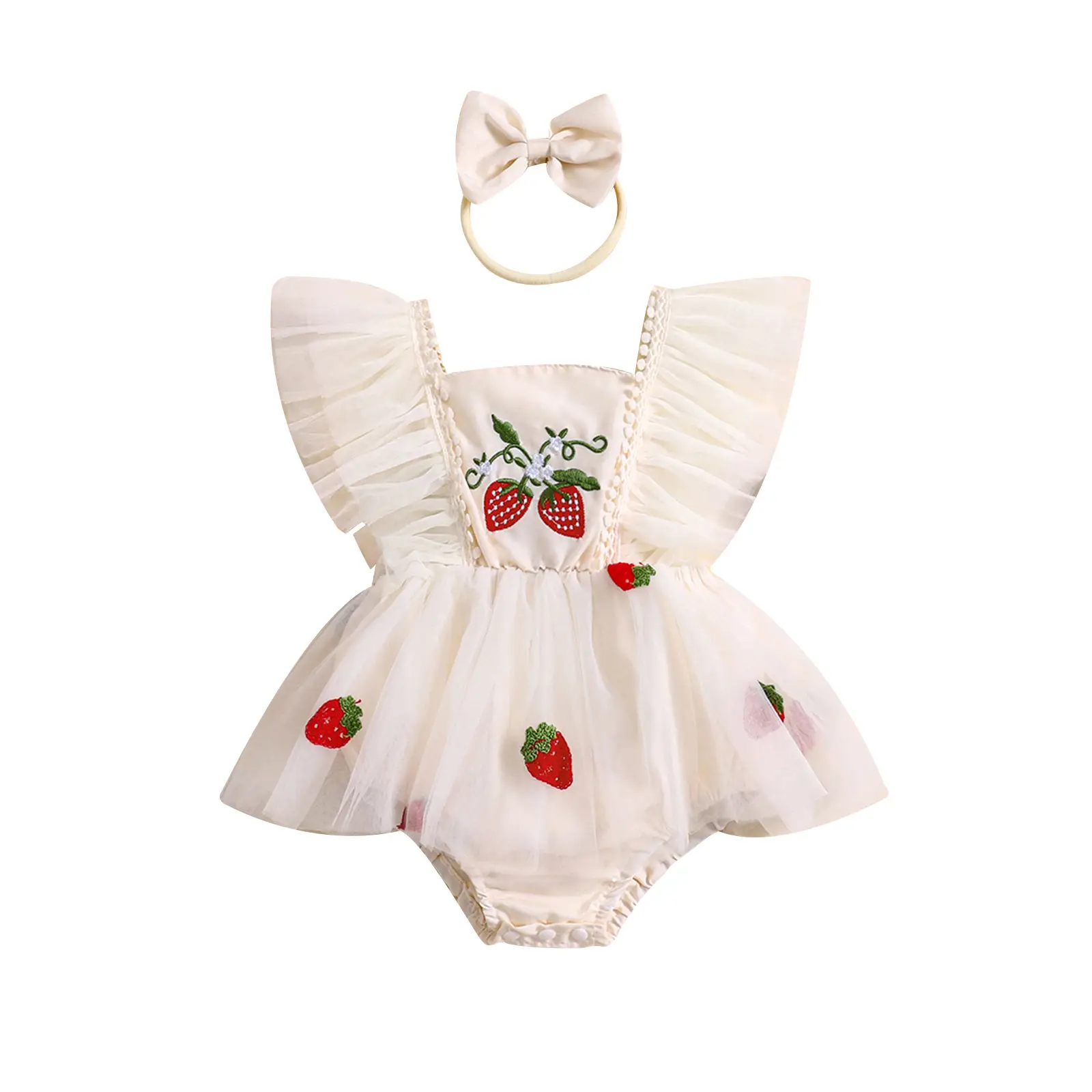 Newborn Baby Girl Strawberry Lace Romper Dress Flying Sleeve Tulle Skirt Bodysuit Headband Infant Summer Outfit