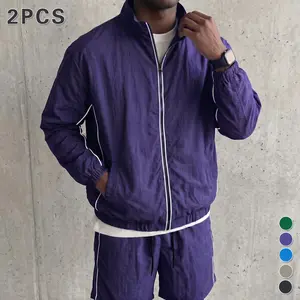Men’s American casual athletic set for spring/autumn: trendy brand outdoor stand-collar zip jacket + shorts; lightweight, cool-touch, quick-dry, windproof two-piece sportswear suitable for gym, running, outdoor activities, everyday commuting, and street f