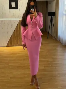 Two-piece Elegant Chic Commuting Business Formal Long Sleeve Suit Top + Back-Slit Skirt Two-Piece Outfit