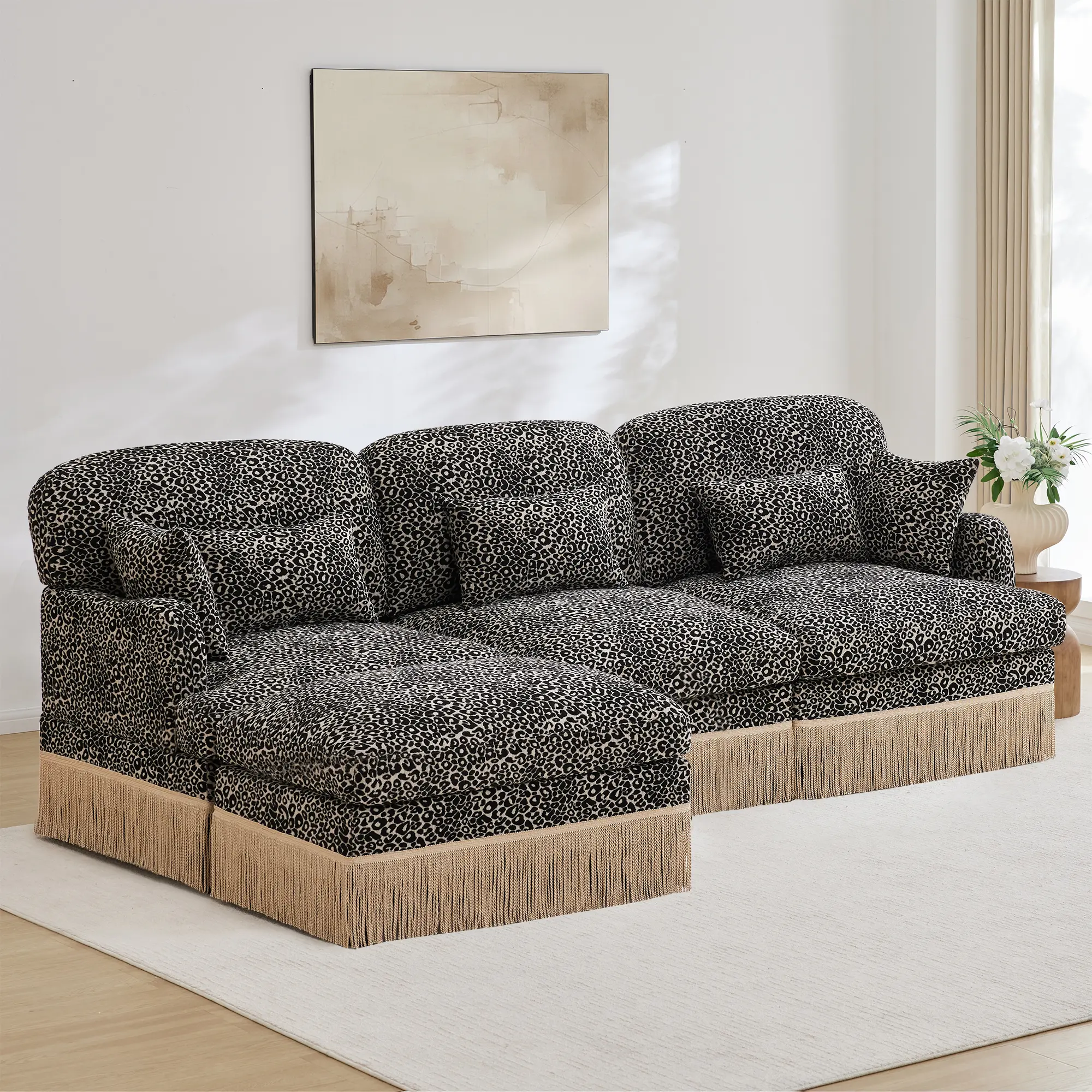 100-in L-Shaped Leopard Print Chenille Sectional Sofa with Movable Ottoman, Modern Tassel Trimmings, Sturdy Curved Arms, Foam Ergonomic Deep Seat for Living Room