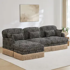 100-inch L-Shaped Leopard Print Chenille Sectional Sofa with Movable Ottoman, Modern Tassel-Edge Couch, Sturdy Durable Armrest, Ergonomic Deep Seat for Living Room