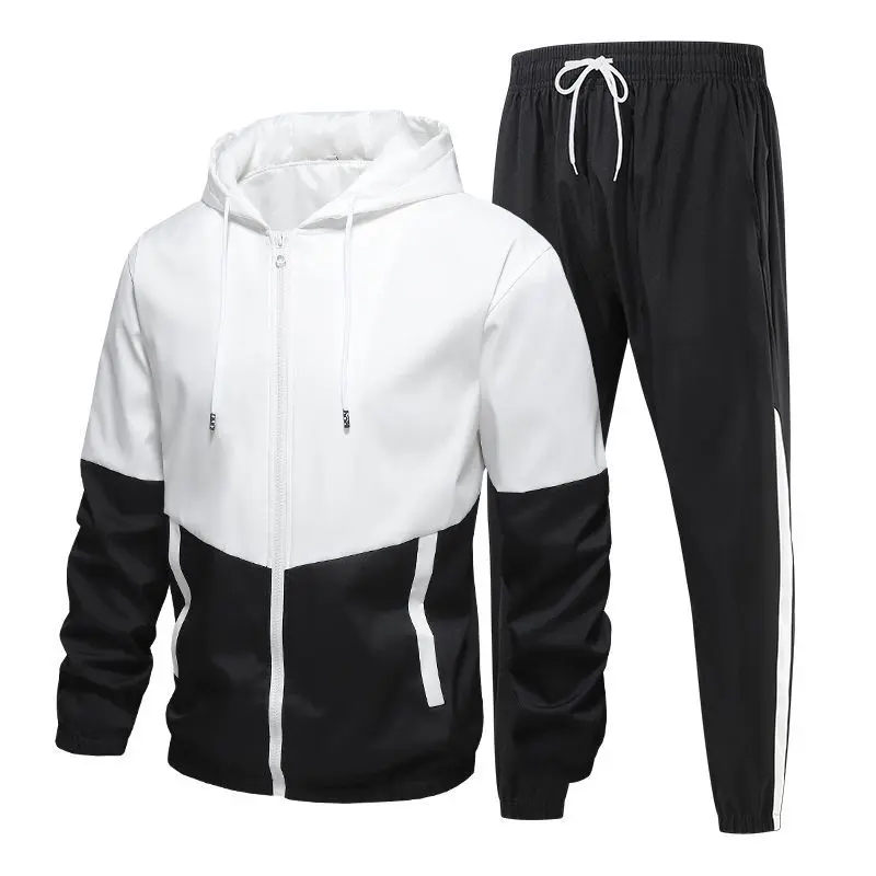 Men’s color-block hooded athletic set, casual zip-up jacket and jogger pants two-piece outfit, versatile running sportswear backtoschool