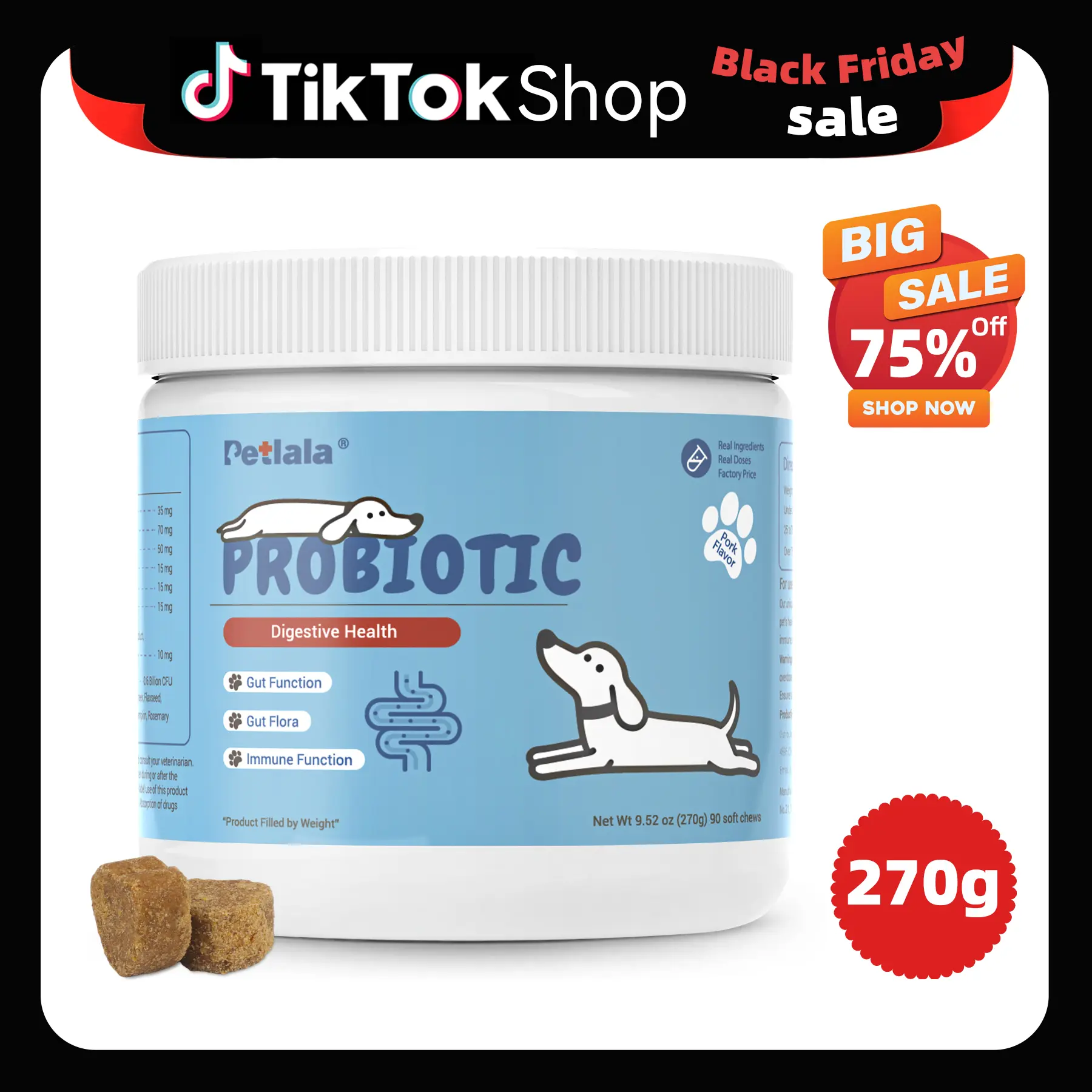 PETLALA 8-in-1 Multivitamin Soft Chews for Dogs – Probiotics for Gut, Gas & Digestive Support – Immune Support + Prebiotics & Enzymes, Pork Flavor, 90 Soft Chews Canine Nutritional Supplement Natural