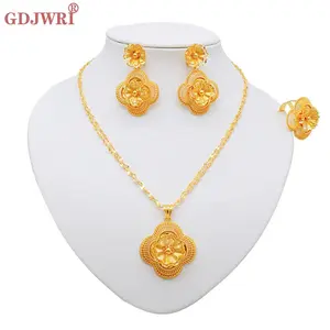 Dubai Gold Color Ethiopian Jewelry Sets Necklace Earrings Ring 3-piece Sets Ethiopian Wedding Bride Sets African Gifts