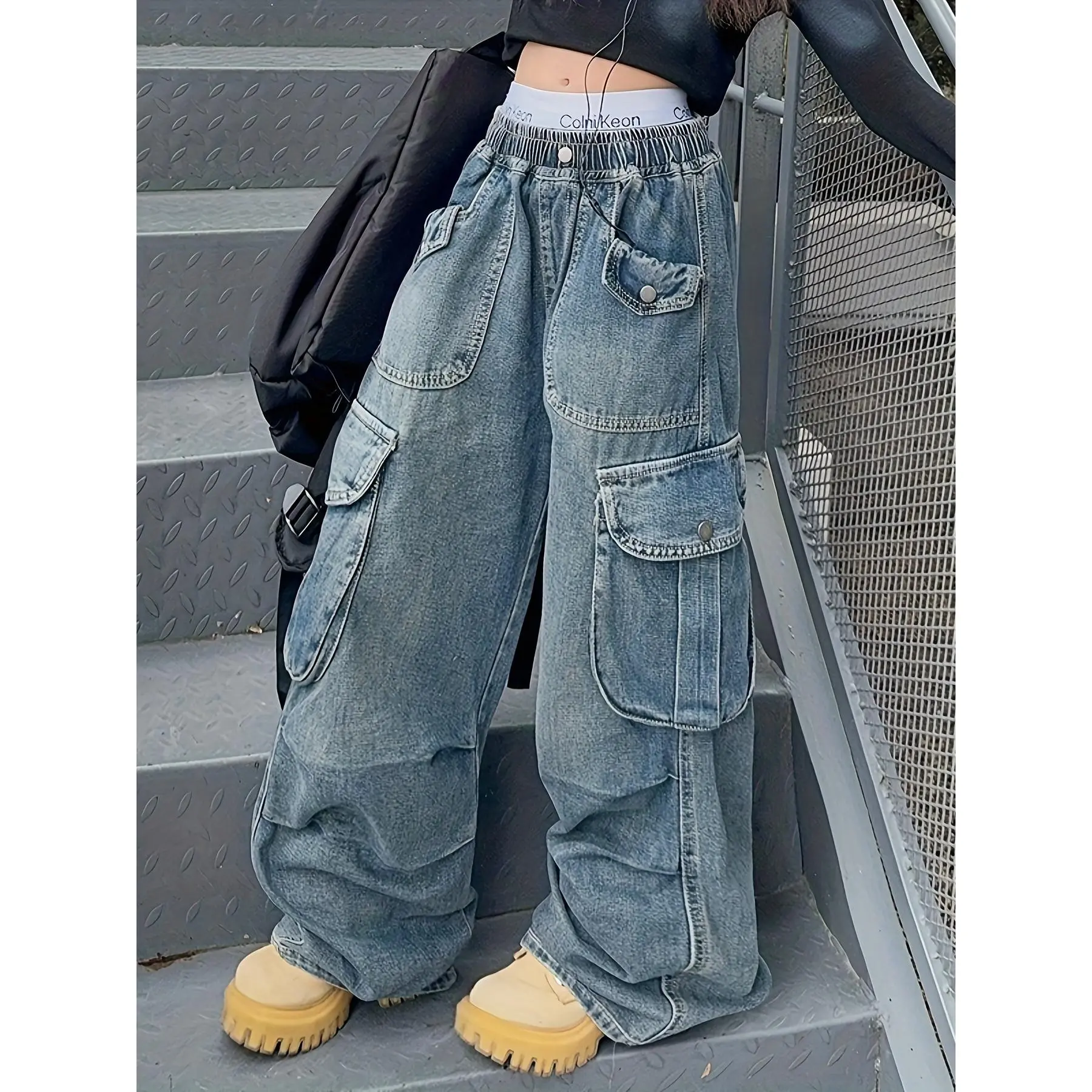 Girls' New Wide-Leg Cargo Jeans - Loose Fit Cotton Blend Denim Pants for 7-8y,9-10y,11-12y,13-14y,15-16y Kids, Spring/Fall