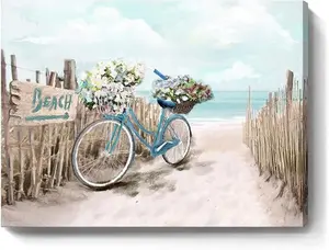 Beach Canvas Wall Art for Bathroom Ocean Pictures Seaside Bicycle Canvas Print Seascape Painting Framed Teal Aqua Blue Calming Shoreside Artwork for Modern Coastal Themed Lake Home Bedroom Décor Ready Decor Gift Flowers Poster Decoration Set Photo Wood