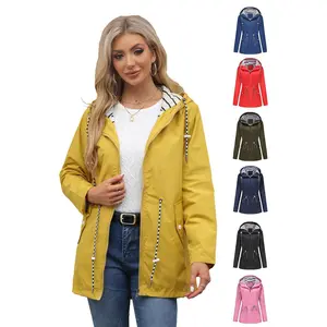 BIGWIG women's long-sleeved waterproof hooded mid-length autumn and winter windbreaker, lightweight and breathable solid color hooded jacket, outdoor windproof jacket, women's jacket, zipper jacket, casual rain jacket, waterproof mid-length windbreaker