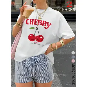 Women's Cherry Print Tee & Shorts Two-Piece Set, Casual Fashion Cozy Round Neck Short Sleeve T-shirt & Shorts for Daily Outdoor Wear, Ladies Summer Clothes, Suits