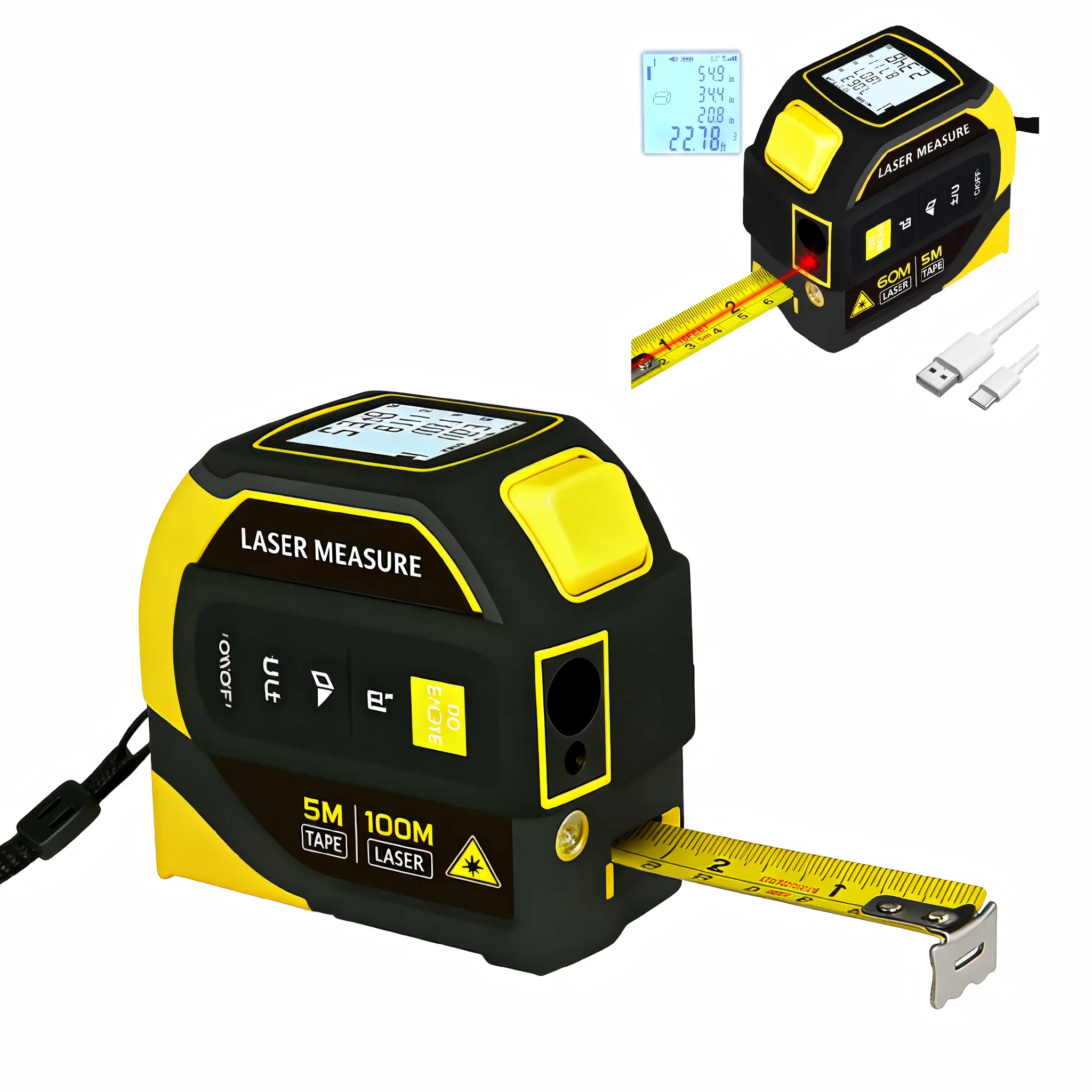 4-in-1 Laser Tape Measure 328ft (100m) with 16ft Auto-Lock Tape, Cross Line Level & Angle Measurement, Rechargeable Digital Distance Meter for Construction, Home Renovation, Interior Design, Carpentry, Real Estate, DIY Projects Measuring Tape Tool