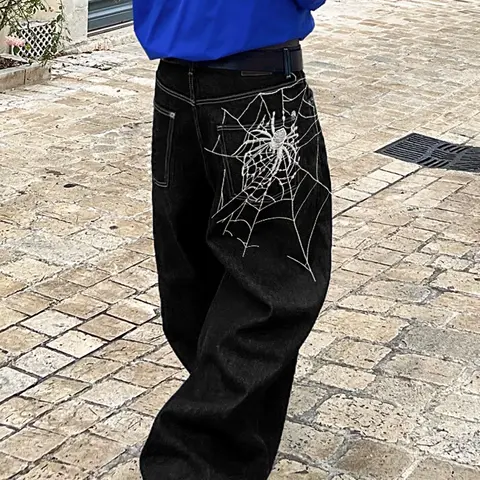 Spider Web Embroidery Jeans, Men's Loose Fit Y2K Design Denim Jeans, Casual Streetwear Fashion Clothing, Comfortable and Stylish