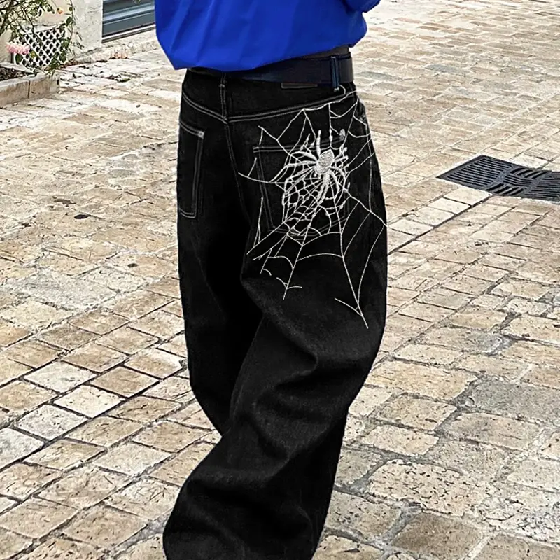 Spider Web Embroidery Jeans, Men's Loose Fit Y2K Design Denim Jeans, Casual Streetwear Fashion Clothing, Comfortable and Stylish