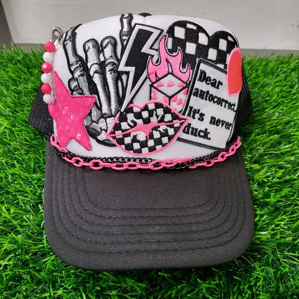 Dear Autocorrect It’s Never Duck foam snapback trucker hat in black and hot pink. funny