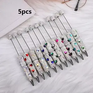 5-Pack DIY Heart Beaded Pen Set, Glitter Ballpoint Pen, Creative Holiday Stationery, Ink, Fashion Writing Office Supplies, Elegant Design, Party Gift, Writing Pens, Unique Pens