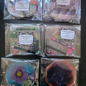 Coasters/Porta Vasos - Set of 6 Assorted Designs with Crayons and Composition Book Elements