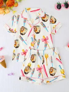 Girls' Summer Casual Sleepwear Set, Short Sleeve Button-Front Top & Shorts, Cartoon Bow Pattern, All-Season Wear, Pajama Sets