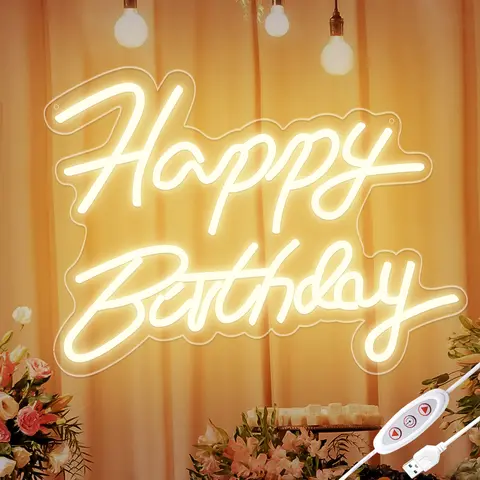 SEGRASS Dimmable LED Happy Birthday Neon Sign - 16.5x11.8in Warm White USB-Powered Acrylic Home Decor Light, Wall Mount Indoor Mood Lighting, LED Decoration Lamp, 60cm Chain, Birthday Gift