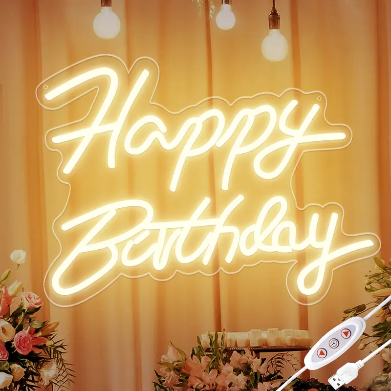 SEGRASS Dimmable LED Happy Birthday Neon Sign - 16.5x11.8in Warm White USB-Powered Acrylic Home Decor Light, Wall Mount Indoor Mood Lighting, LED Decoration Lamp, 60cm Chain, Birthday Gift