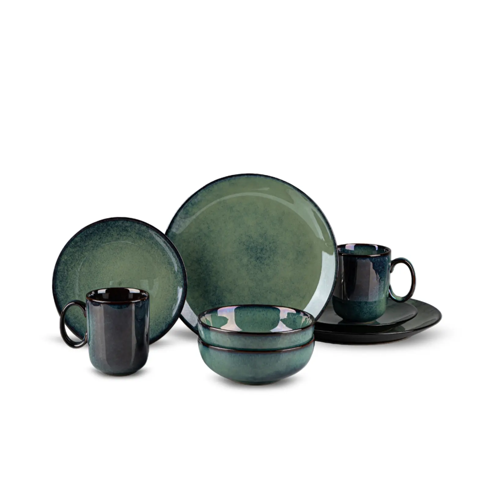 8-piece kiln turned ceramic tableware Western style set, including breakfast cup, salad bowl, steak spaghetti plate, minimalist matte green, microwave and dishwasher safe, for home kitchens, Western restaurants, Plates and Bowls Sets, Dinnerware Sets