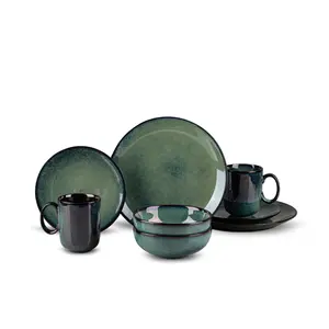 8-piece kiln turned ceramic tableware Western style set, including breakfast cup, salad bowl, steak spaghetti plate, high-end minimalist matte green, microwave and dishwasher safe, for home kitchens, Western restaurants, Dinnerware Service Set