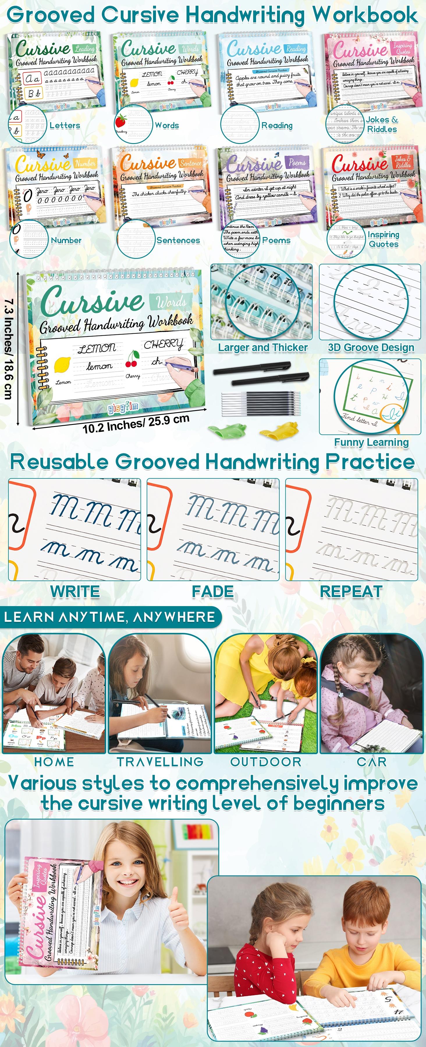 GISGFIM 8 Pack Grooved Cursive Handwriting Workbook Learning Grooved Cursive Reusable Handwriting Practice kit with Disappearing Ink Pens Magic Copybooks Set for Kids Beginners Kickoff Student