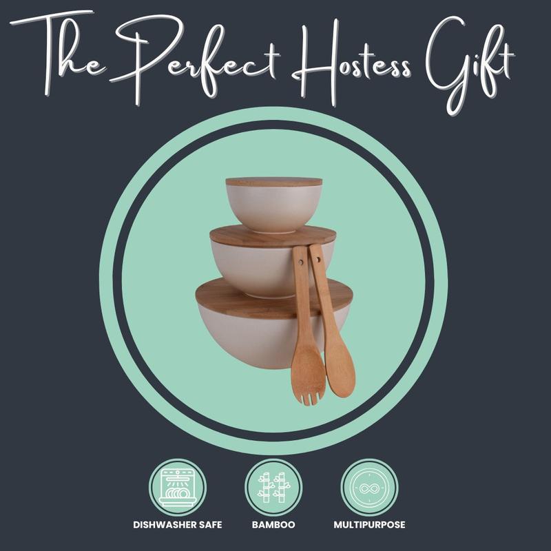 LovaHome Bamboo Serving Bowl Set with Cutting Board Lids 3 Bowls Utensils Eco Friendly Nesting Bowls for Salads Fruit Chips Dip Popcorn Veggies Sides