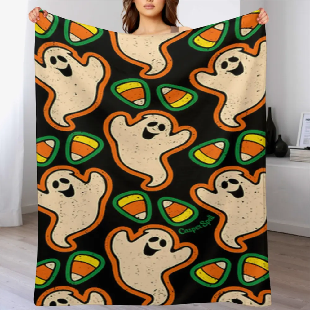 Halloween Themed Flannel Throw Blanket Set - Cute Ghost, Pumpkin, Witch Patterns, Soft Home Decor for Sofa & Bed, Multi-Size Accessory, Ideal Gift for Family (Costume & Fashion Accessory)
