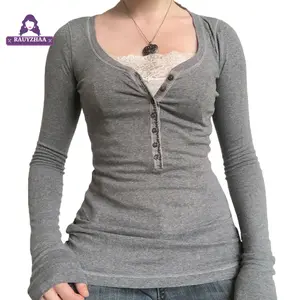 Women Long Sleeve Tops Autumn Vintage Casual Lace Patchwork 1/2 Button Pullover Shirt Club Streetwear