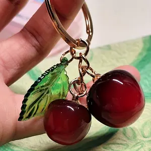 1/20pcs Translucent Green Leaves & Red Fruit Charms Cherry Keychain Pendant - Realistic Golden-Tone Ring Clasp for Backpacks, Wallets, Purses - Cute Portable Keychain Accessory for Women, Mothers, Daughters - Mother’s Day Gift, Cute Keychain Accessories
